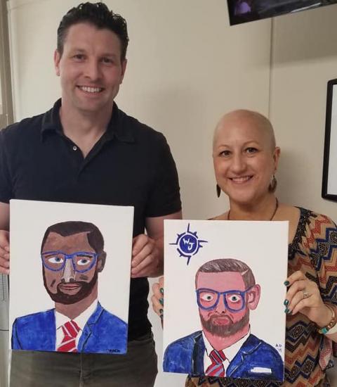 Brock Allen (left) and Alice DeGeorge (right) paint portraits of Attorney Adam Williams.